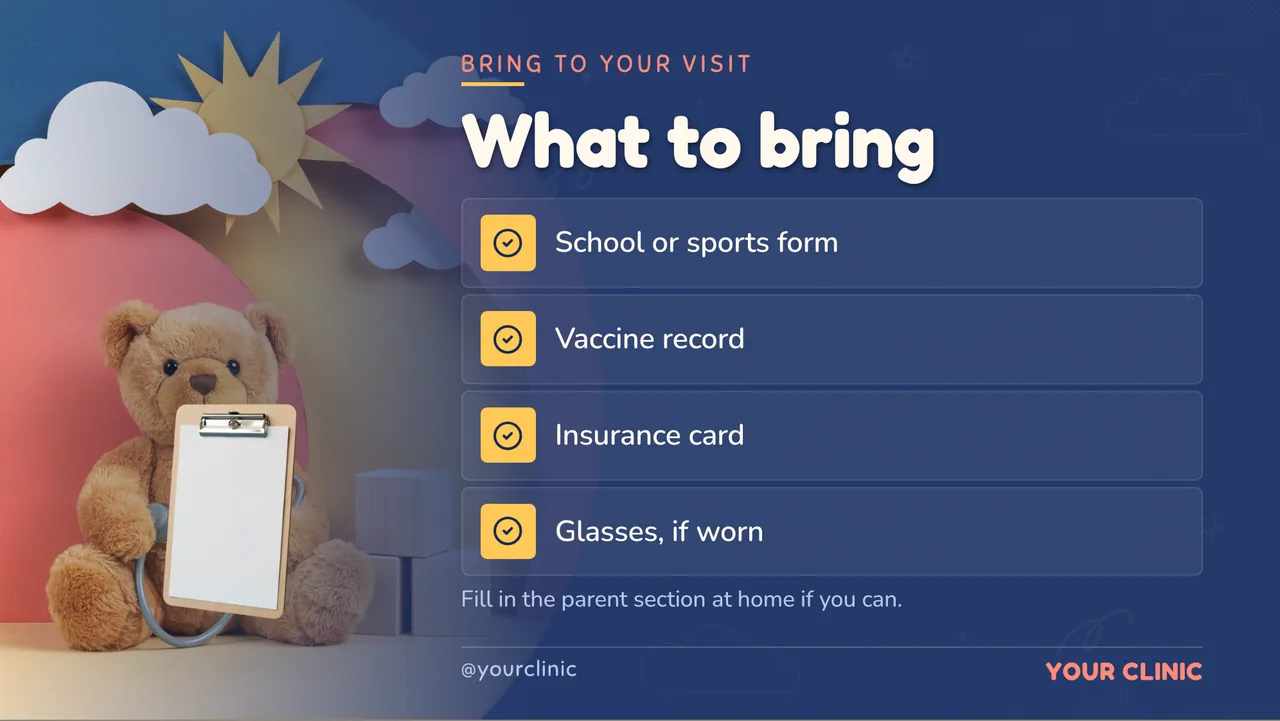 Pediatric back-to-school checkup slideshow · Landscape for a pediatric clinic: slide 2 of 4, the list of services and options