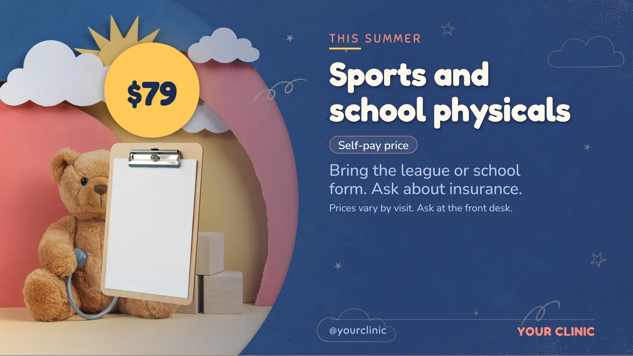 Pediatric back-to-school checkup slideshow · Landscape for a pediatric clinic: slide 3 of 4, the offer with its price and terms