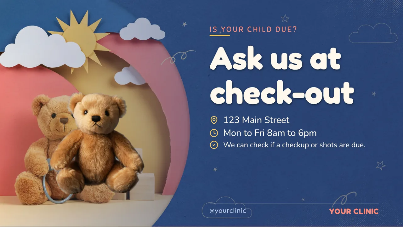 Pediatric back-to-school checkup slideshow · Landscape for a pediatric clinic: slide 4 of 4, the address, hours and how to book or order