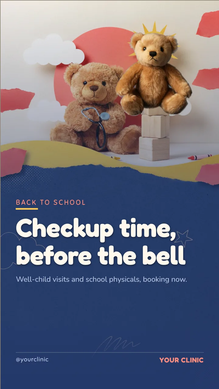 Pediatric back-to-school checkup slideshow · Portrait digital signage template preview