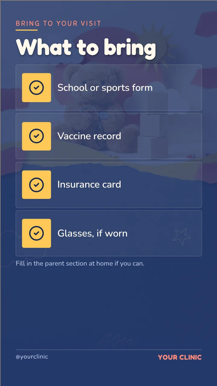Pediatric back-to-school checkup slideshow · Portrait for a pediatric clinic: slide 2 of 4, the list of services and options