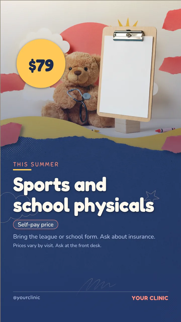 Pediatric back-to-school checkup slideshow · Portrait for a pediatric clinic: slide 3 of 4, the offer with its price and terms