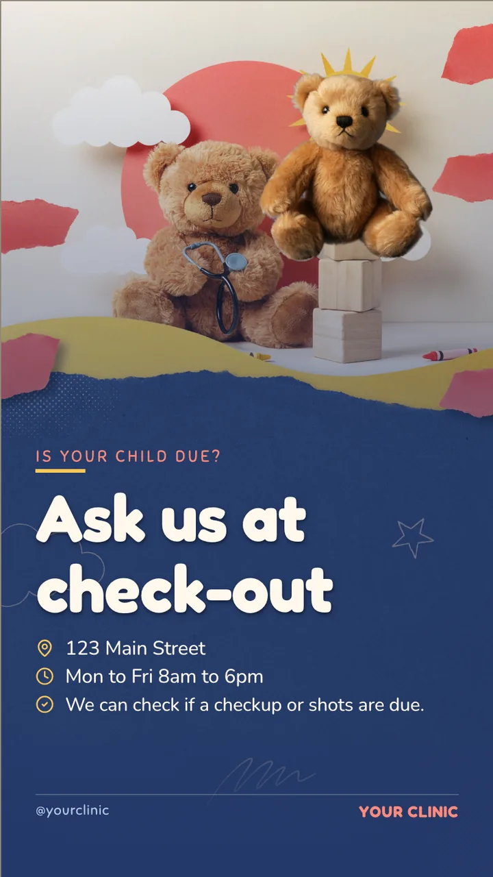 Pediatric back-to-school checkup slideshow · Portrait for a pediatric clinic: slide 4 of 4, the address, hours and how to book or order