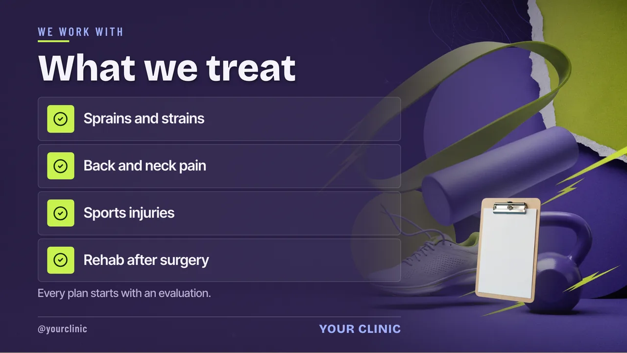 Physical therapy meet the therapist slideshow · Landscape for a physical therapy clinic: slide 2 of 4, the list of services and options