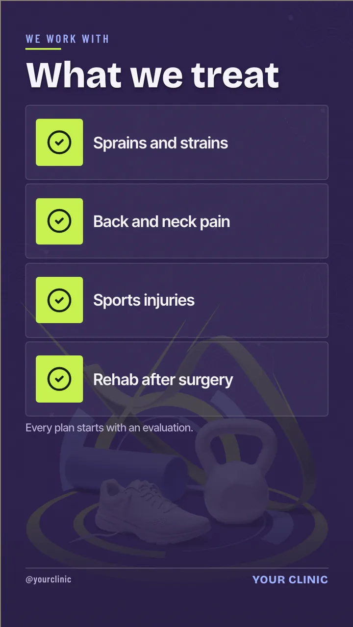 Physical therapy meet the therapist slideshow · Portrait for a physical therapy clinic: slide 2 of 4, the list of services and options