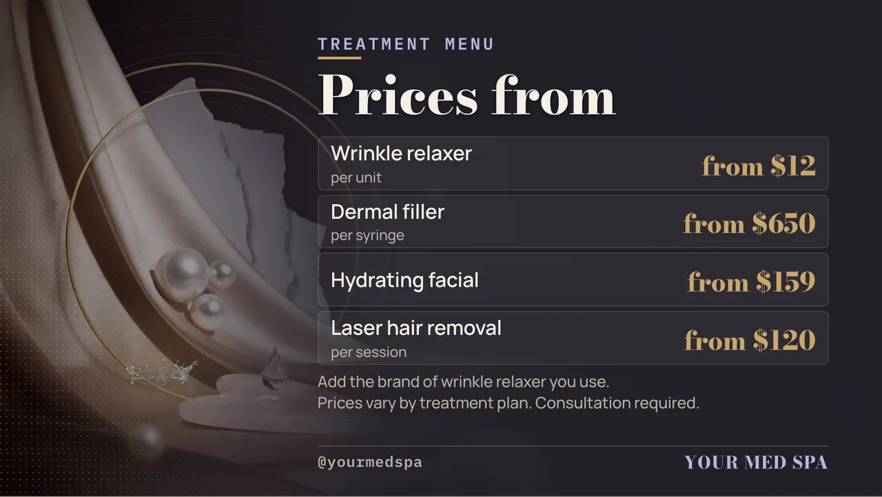 Med spa treatment menu board with prices · Landscape for a med spa or aesthetic clinic: slide 2 of 4, the menu with prices