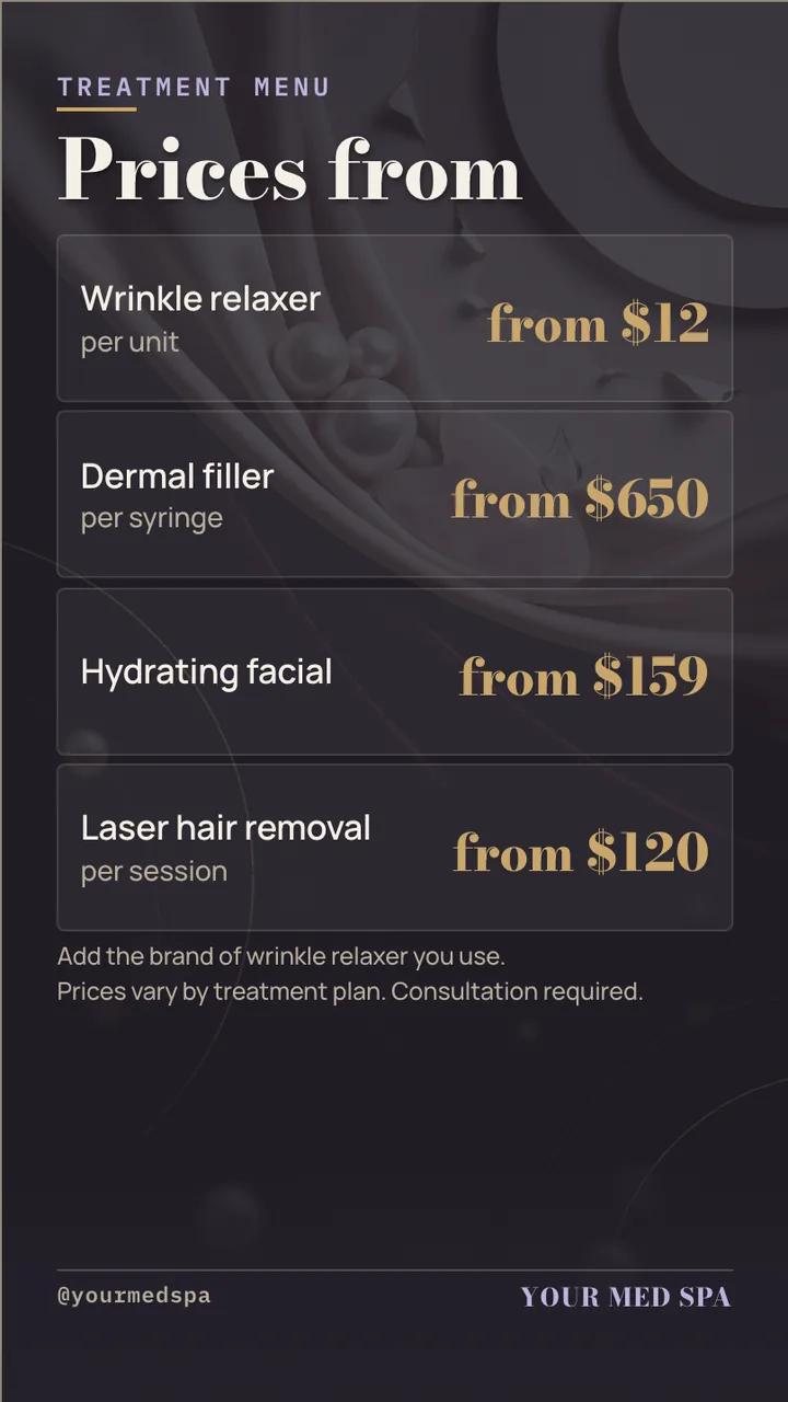 Med spa treatment menu board with prices · Portrait for a med spa or aesthetic clinic: slide 2 of 4, the menu with prices