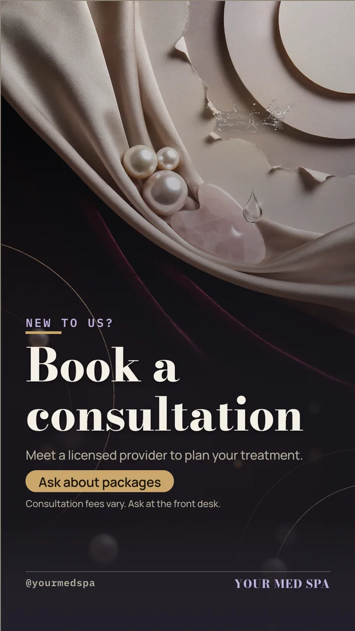 Med spa treatment menu board with prices · Portrait for a med spa or aesthetic clinic: slide 3 of 4, the offer with its price and terms