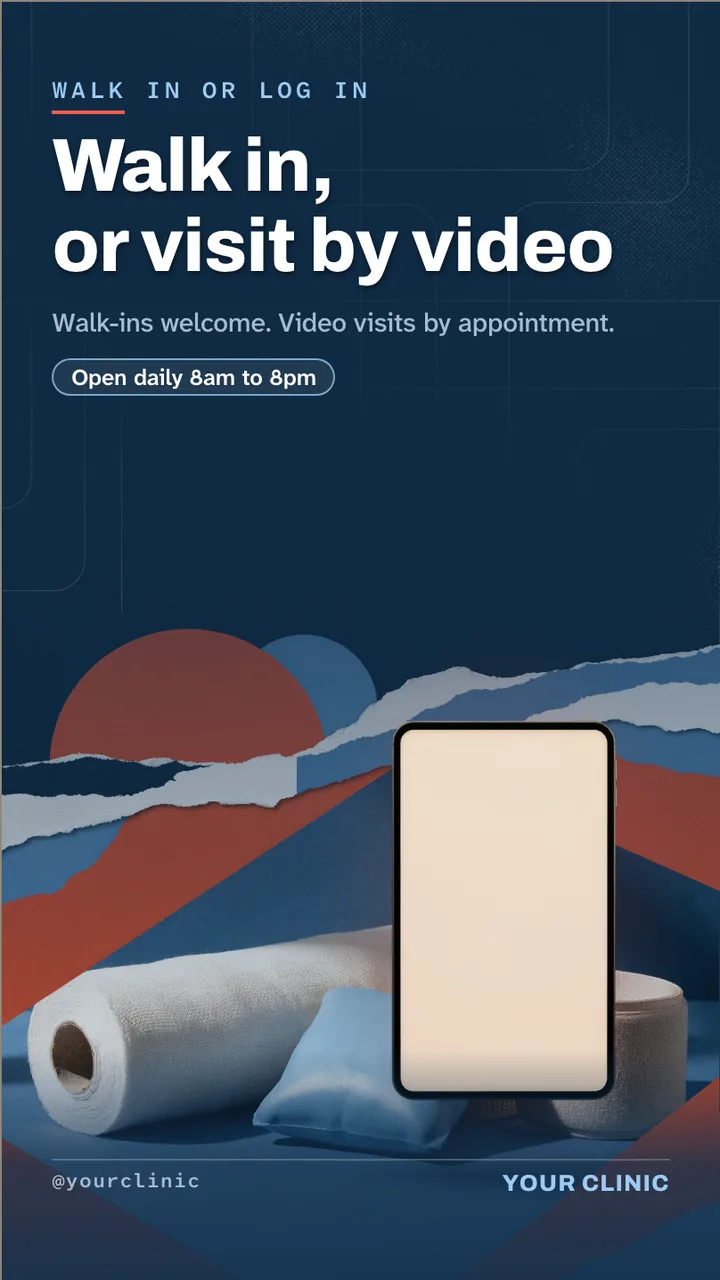 Urgent care video visits and portal slideshow · Portrait digital signage template preview