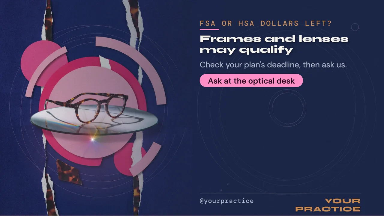 Eye care vision benefits slideshow · Landscape for an optometry practice or optical store: slide 3 of 4, the offer with its price and terms