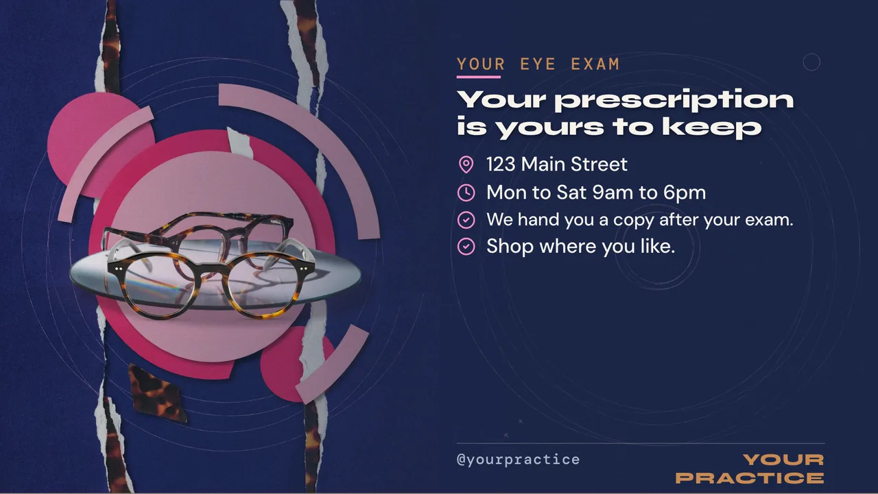 Eye care vision benefits slideshow · Landscape for an optometry practice or optical store: slide 4 of 4, the address, hours and how to book or order