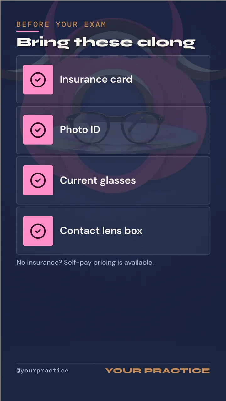 Eye care vision benefits slideshow · Portrait for an optometry practice or optical store: slide 2 of 4, the list of services and options