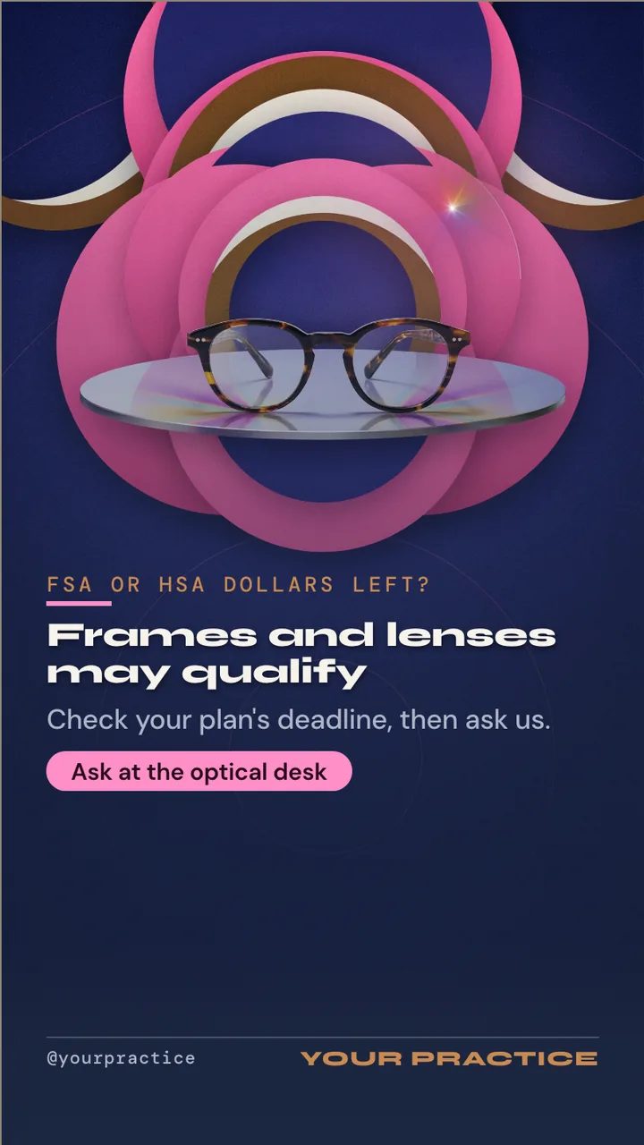 Eye care vision benefits slideshow · Portrait for an optometry practice or optical store: slide 3 of 4, the offer with its price and terms
