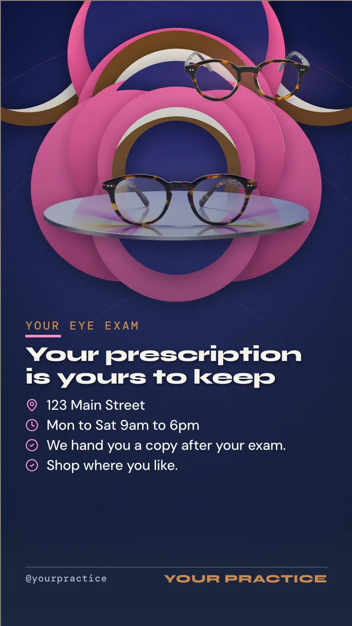 Eye care vision benefits slideshow · Portrait for an optometry practice or optical store: slide 4 of 4, the address, hours and how to book or order