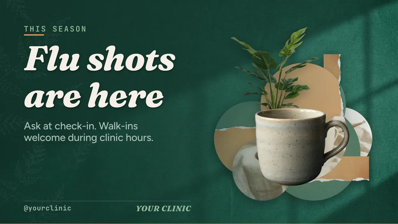Flu shot season clinic slideshow · Landscape for a family medicine clinic: slide 1 of 4, the headline and what the business offers