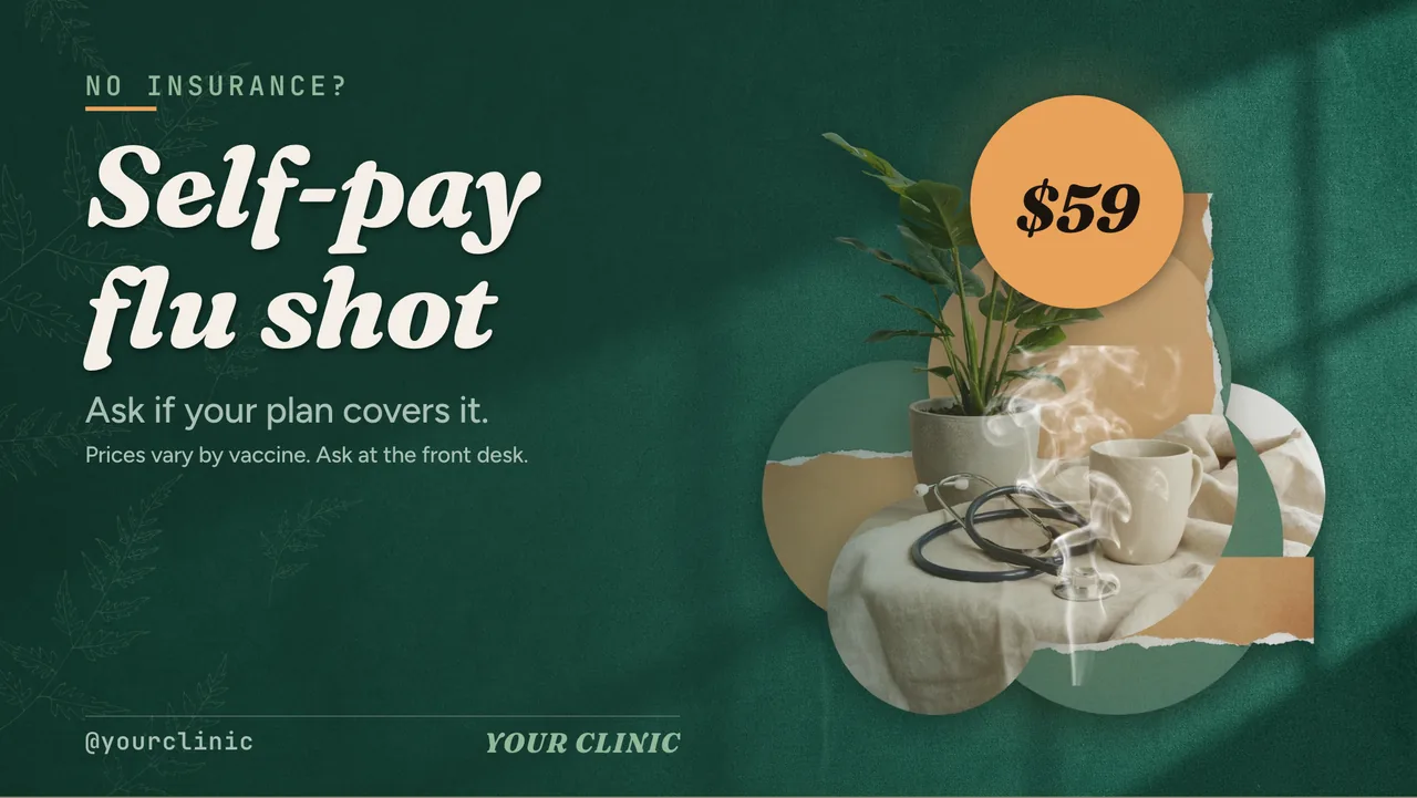 Flu shot season clinic slideshow · Landscape for a family medicine clinic: slide 3 of 4, the offer with its price and terms