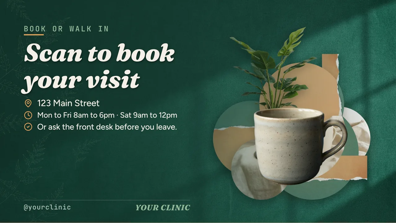 Flu shot season clinic slideshow · Landscape for a family medicine clinic: slide 4 of 4, the address, hours and how to book or order