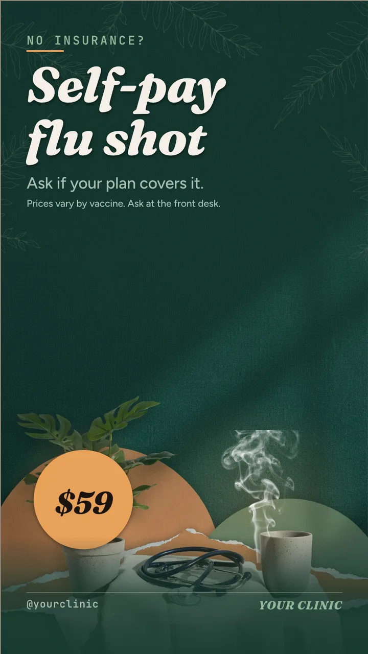 Flu shot season clinic slideshow · Portrait for a family medicine clinic: slide 3 of 4, the offer with its price and terms
