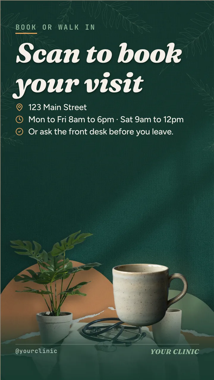 Flu shot season clinic slideshow · Portrait for a family medicine clinic: slide 4 of 4, the address, hours and how to book or order