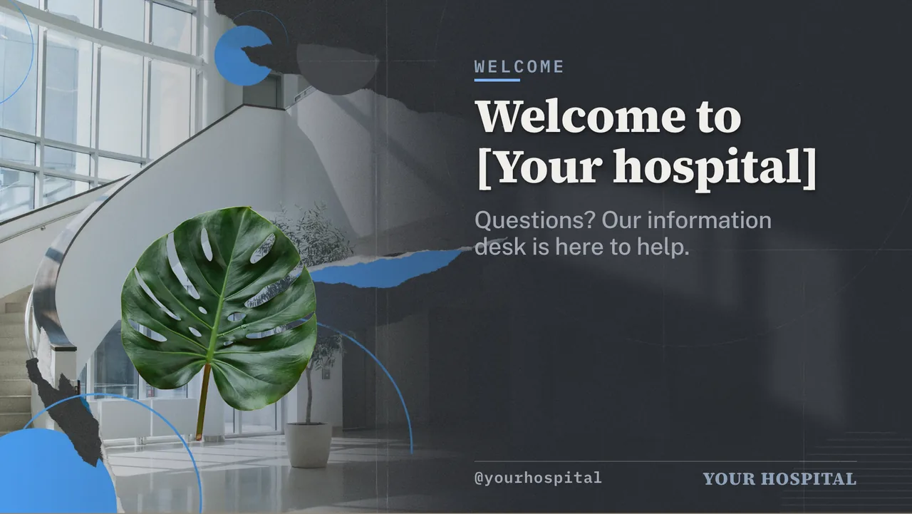 Hospital lobby welcome and care team slideshow · Landscape for a hospital lobby: slide 1 of 4, the headline and what the business offers
