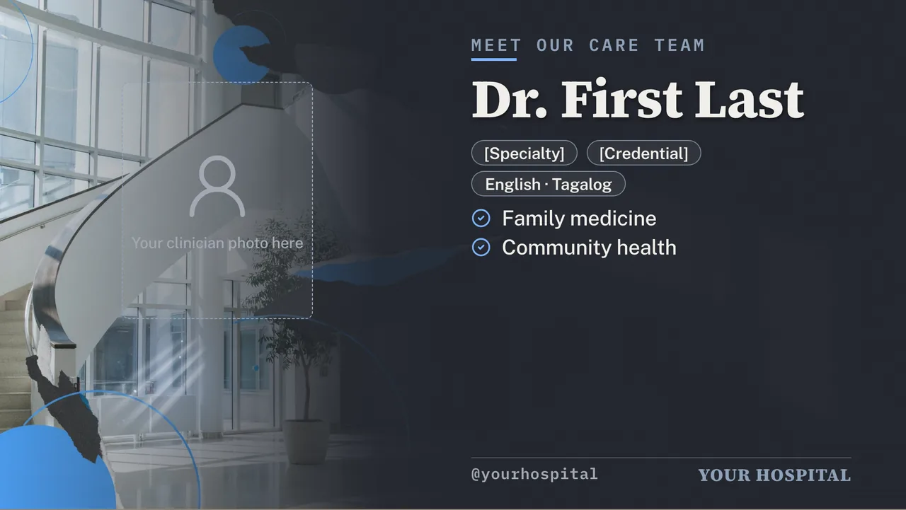 Hospital lobby welcome and care team slideshow · Landscape for a hospital lobby: slide 2 of 4, a staff profile with a photo placeholder