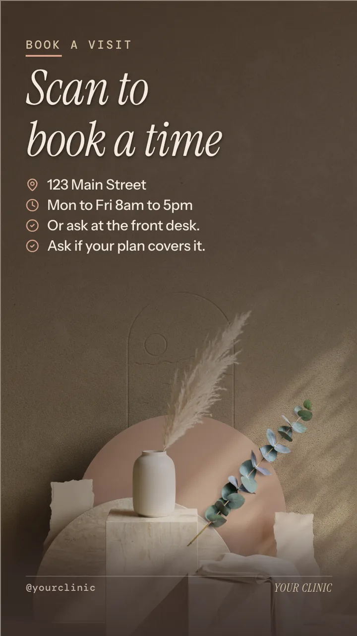 Women's health clinic new service slideshow · Portrait for a women's health clinic: slide 4 of 4, the address, hours and how to book or order