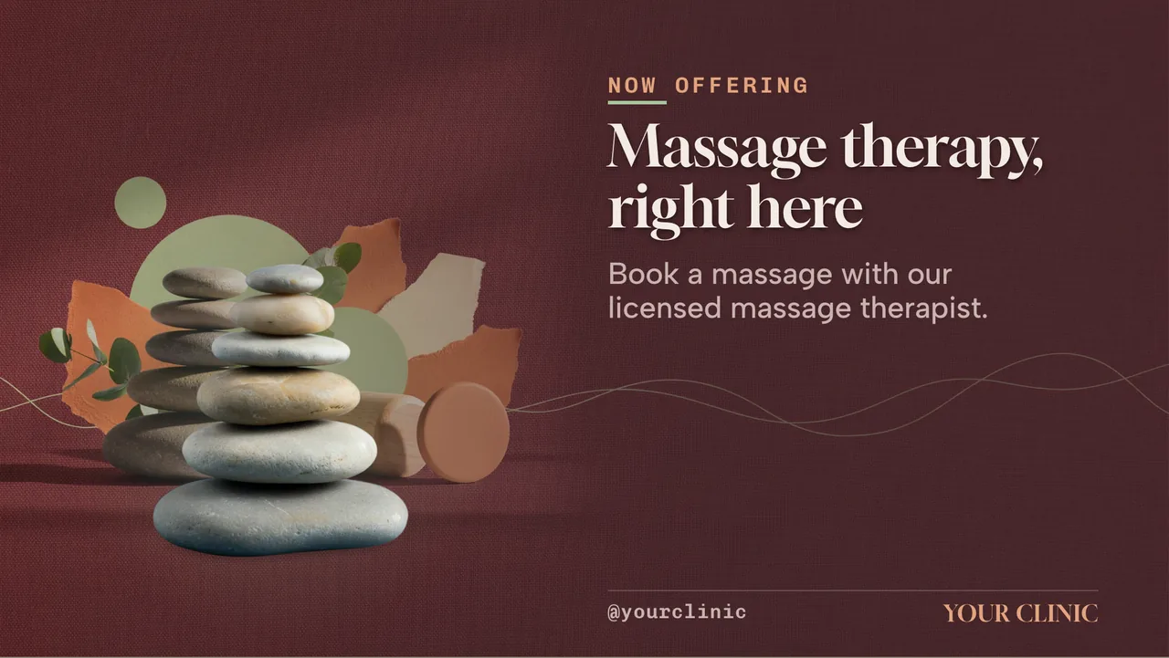 Chiropractic massage therapy launch slideshow · Landscape for a chiropractic or massage clinic: slide 1 of 4, the headline and what the business offers
