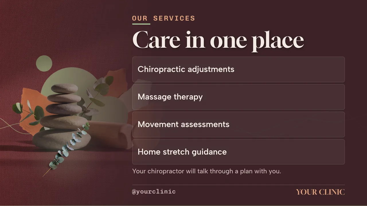Chiropractic massage therapy launch slideshow · Landscape for a chiropractic or massage clinic: slide 2 of 4, the menu with prices