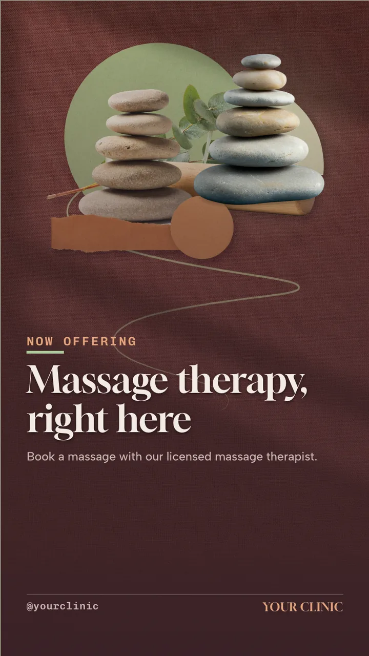 Chiropractic massage therapy launch slideshow · Portrait for a chiropractic or massage clinic: slide 1 of 4, the headline and what the business offers