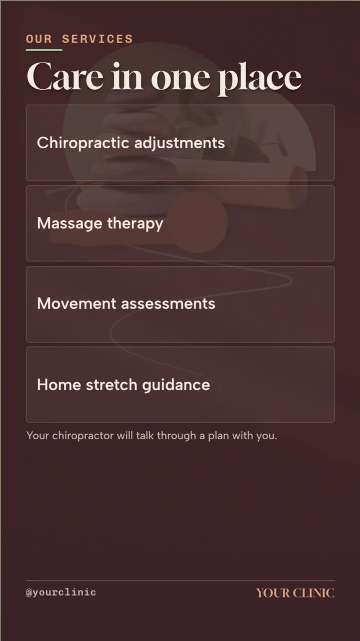 Chiropractic massage therapy launch slideshow · Portrait for a chiropractic or massage clinic: slide 2 of 4, the menu with prices