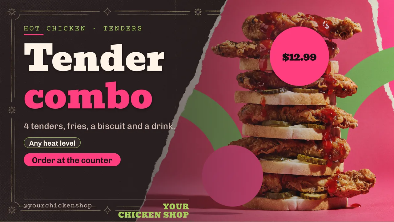 Hot chicken menu board · Landscape for a hot chicken shop: slide 1 of 4, the headline and what the business offers