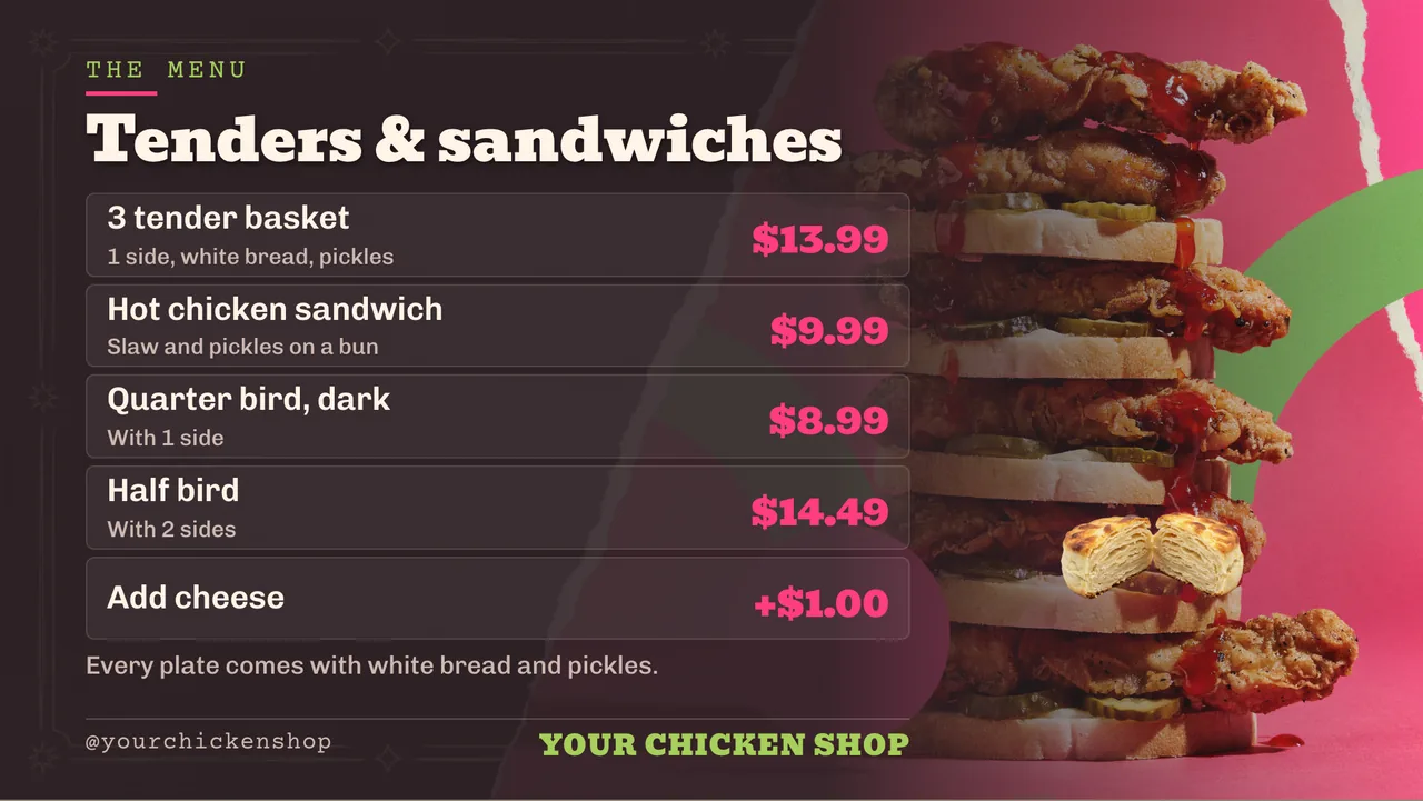 Hot chicken menu board · Landscape for a hot chicken shop: slide 2 of 4, the menu with prices