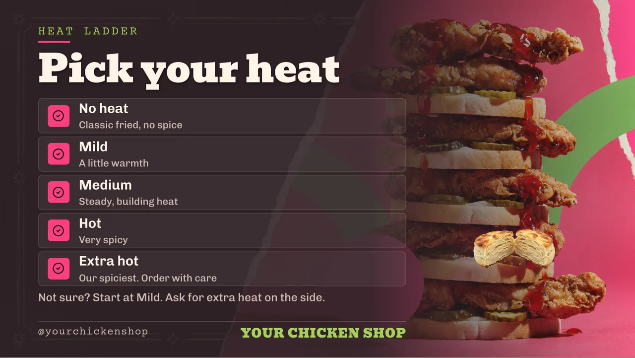 Hot chicken menu board · Landscape for a hot chicken shop: slide 3 of 4, the list of services and options