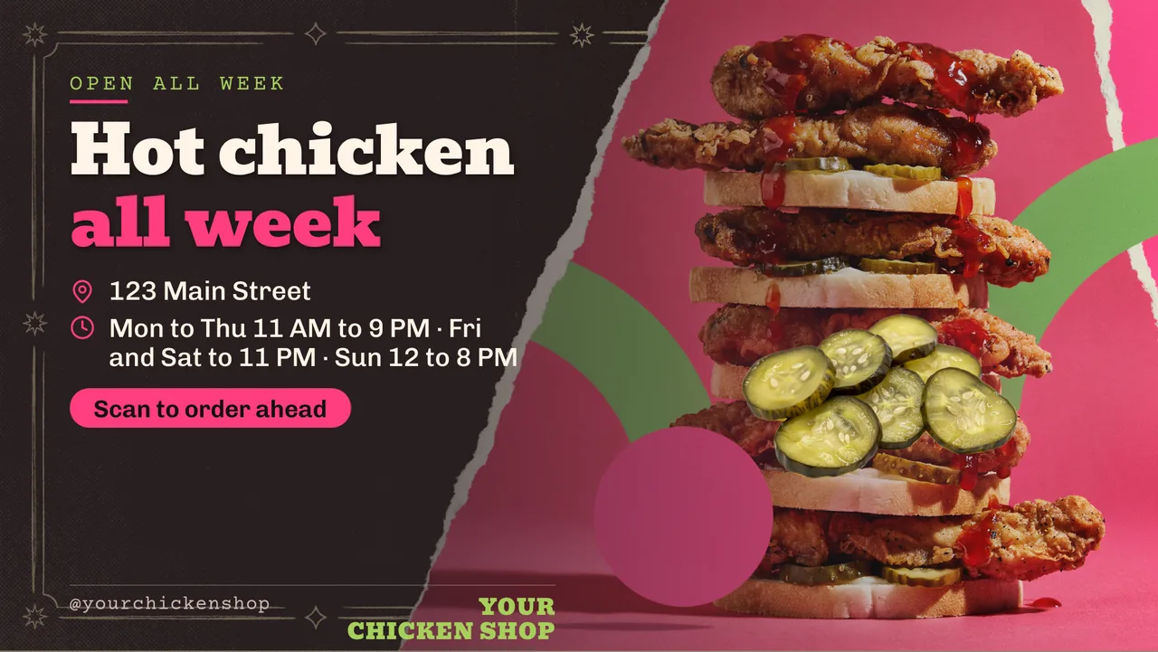 Hot chicken menu board · Landscape for a hot chicken shop: slide 4 of 4, the address, hours and how to book or order