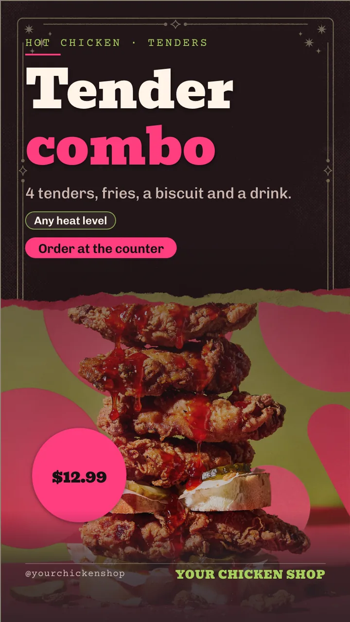Hot chicken menu board · Portrait for a hot chicken shop: slide 1 of 4, the headline and what the business offers