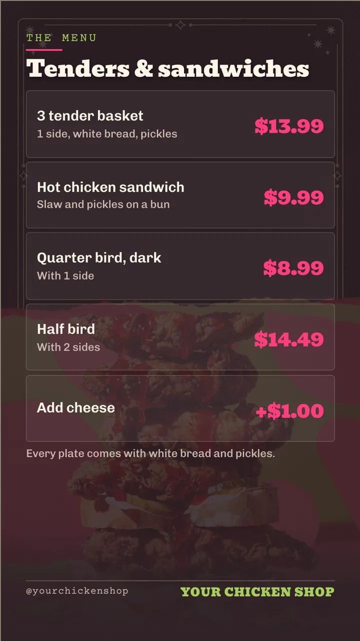 Hot chicken menu board · Portrait for a hot chicken shop: slide 2 of 4, the menu with prices