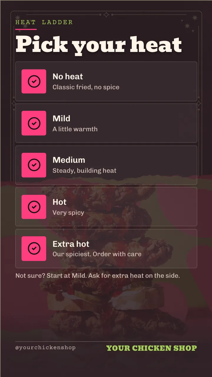 Hot chicken menu board · Portrait for a hot chicken shop: slide 3 of 4, the list of services and options