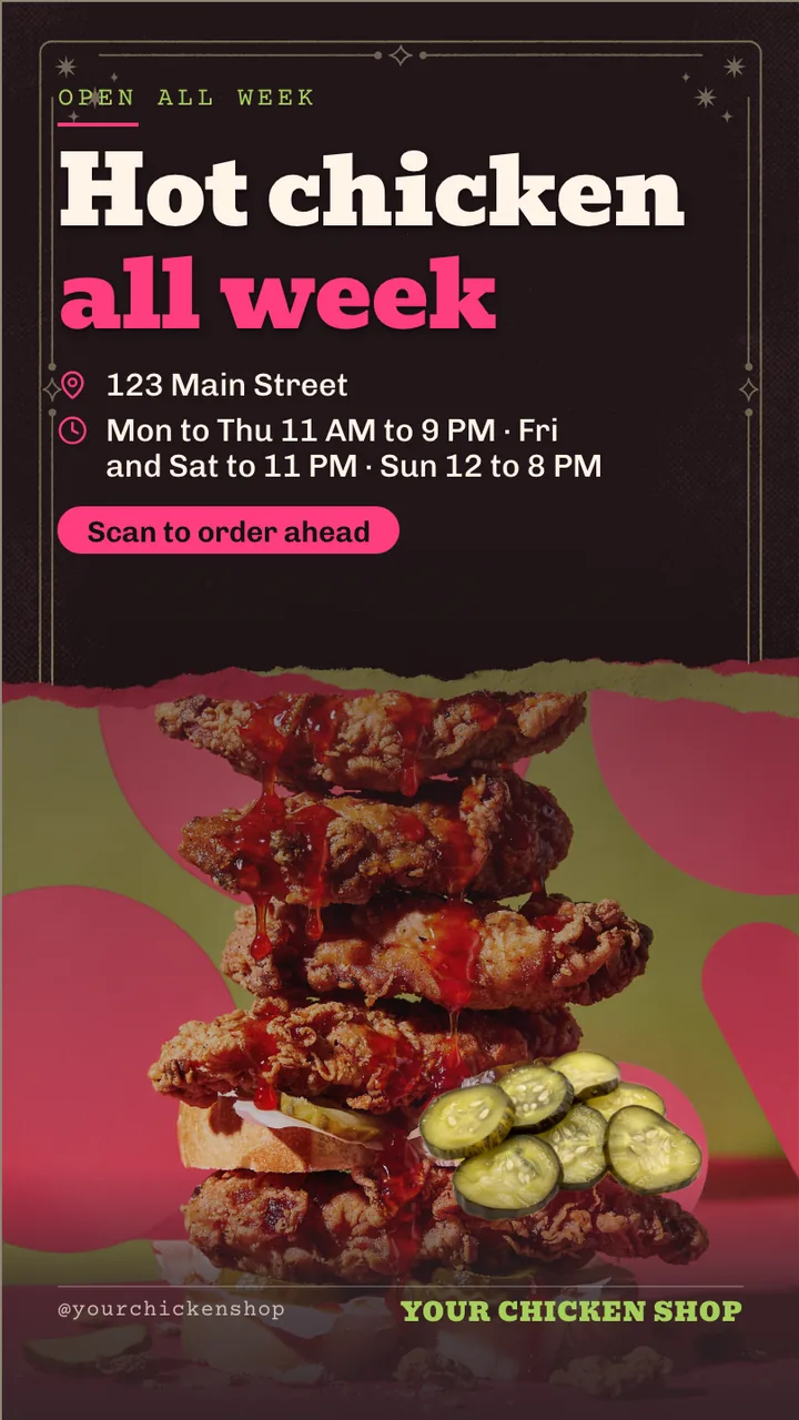 Hot chicken menu board · Portrait for a hot chicken shop: slide 4 of 4, the address, hours and how to book or order