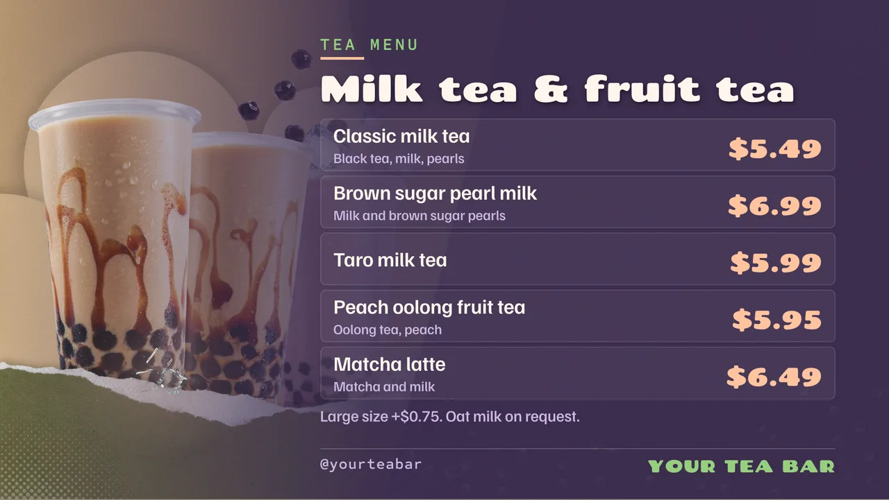 Boba tea menu board · Landscape for a boba tea shop: slide 2 of 4, the menu with prices