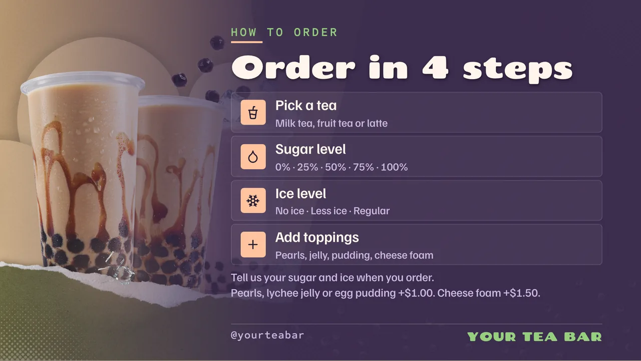 Boba tea menu board · Landscape for a boba tea shop: slide 3 of 4, the list of services and options