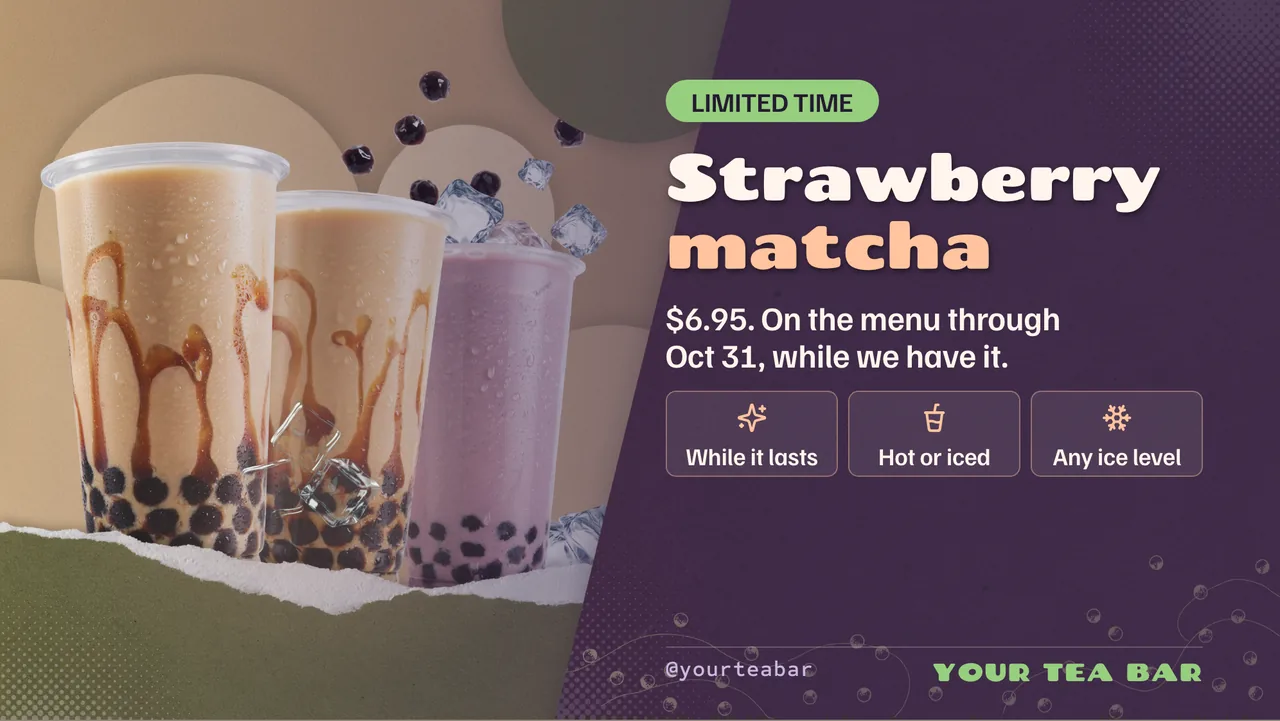 Boba tea menu board · Landscape for a boba tea shop: slide 4 of 4, the deadline or today's update