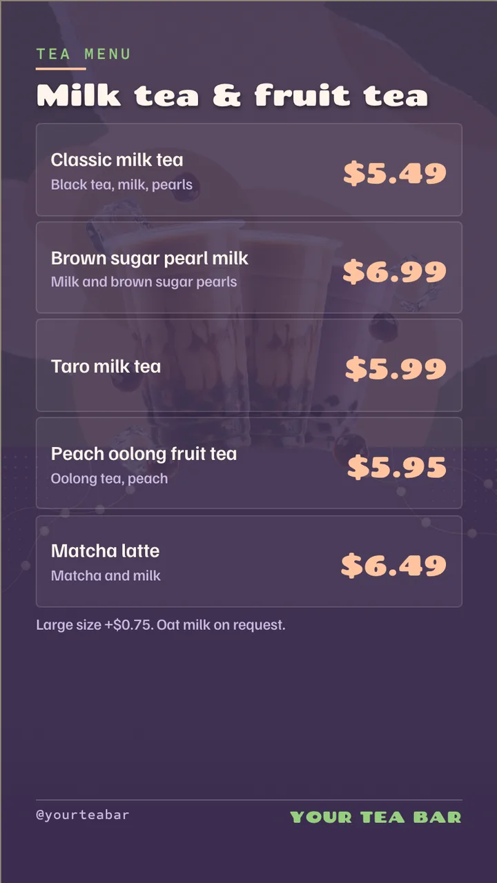 Boba tea menu board · Portrait for a boba tea shop: slide 2 of 4, the menu with prices