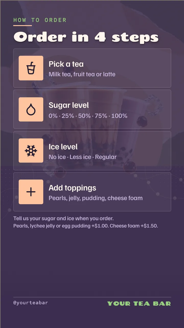 Boba tea menu board · Portrait for a boba tea shop: slide 3 of 4, the list of services and options