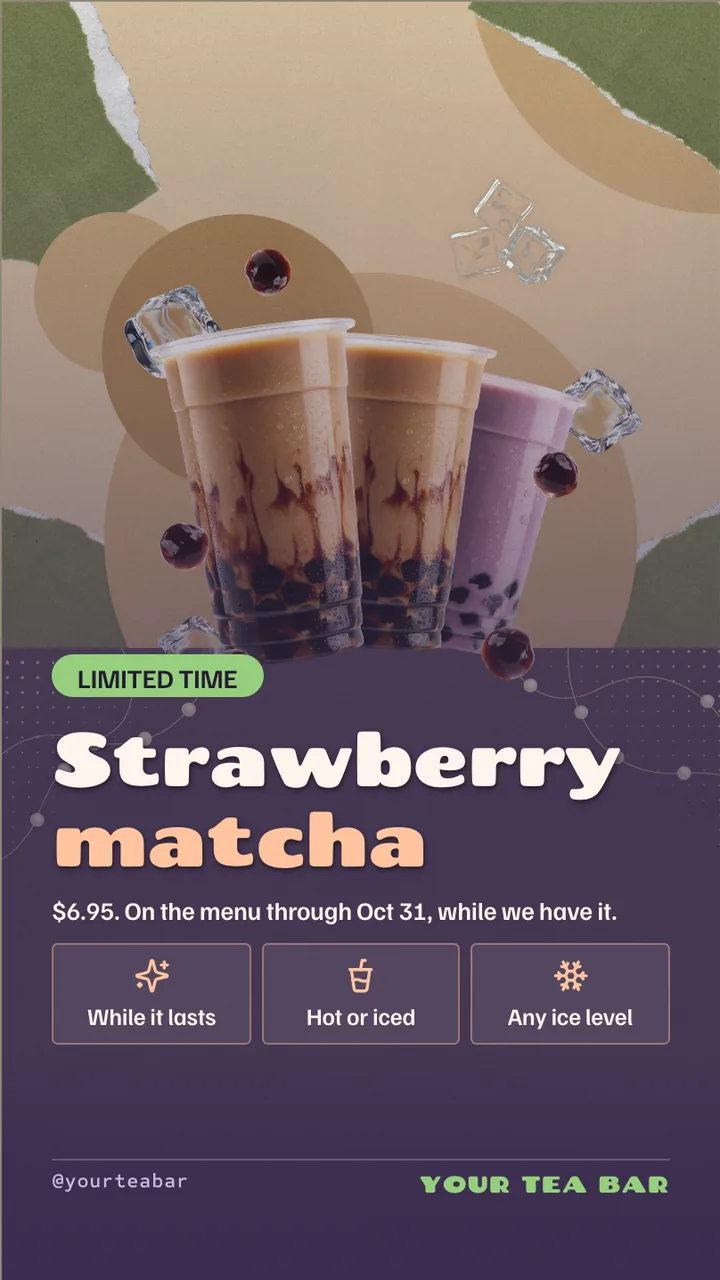 Boba tea menu board · Portrait for a boba tea shop: slide 4 of 4, the deadline or today's update