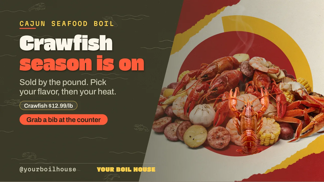 Seafood boil menu board · Landscape for a seafood boil restaurant: slide 1 of 4, the headline and what the business offers