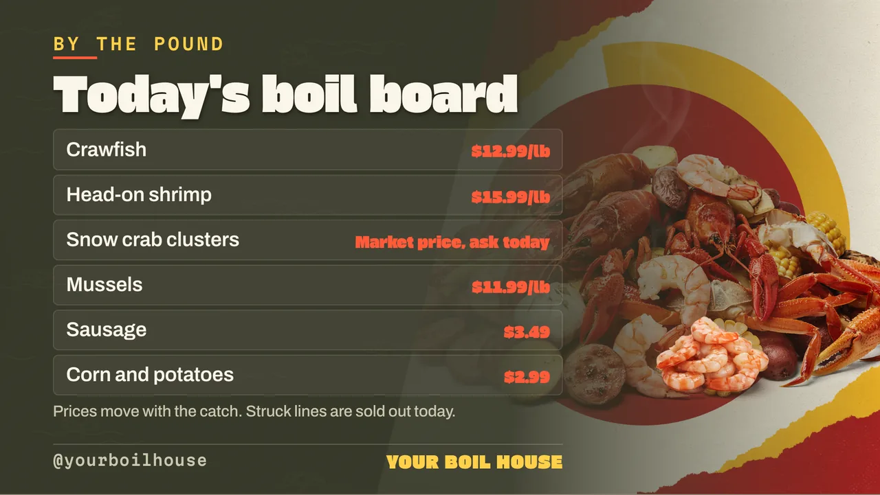 Seafood boil menu board · Landscape for a seafood boil restaurant: slide 2 of 4, the menu with prices