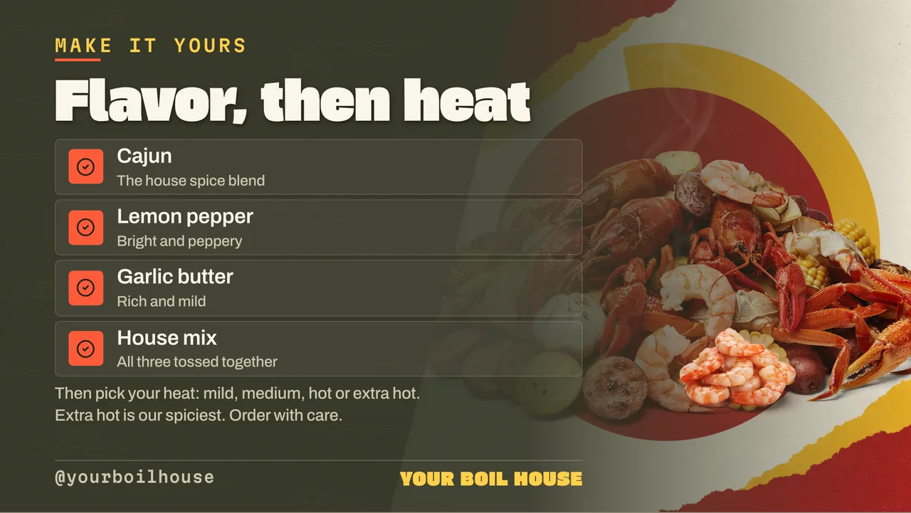 Seafood boil menu board · Landscape for a seafood boil restaurant: slide 3 of 4, the list of services and options
