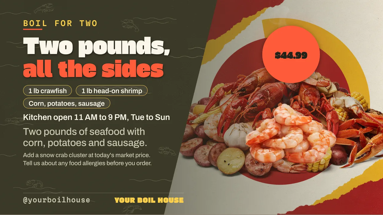 Seafood boil menu board · Landscape for a seafood boil restaurant: slide 4 of 4, the offer with its price and terms