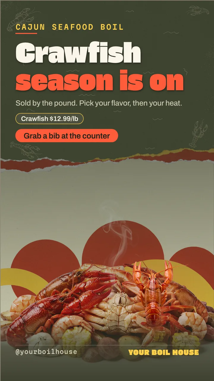 Seafood boil menu board · Portrait for a seafood boil restaurant: slide 1 of 4, the headline and what the business offers