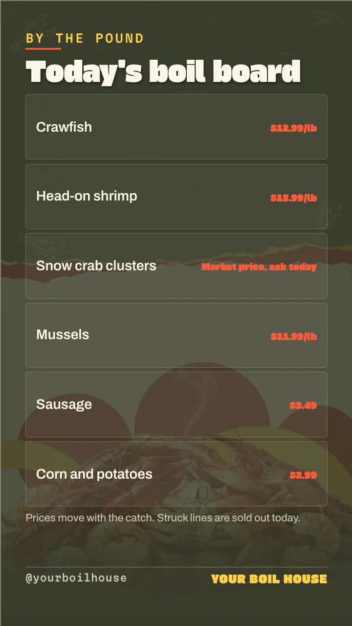 Seafood boil menu board · Portrait for a seafood boil restaurant: slide 2 of 4, the menu with prices